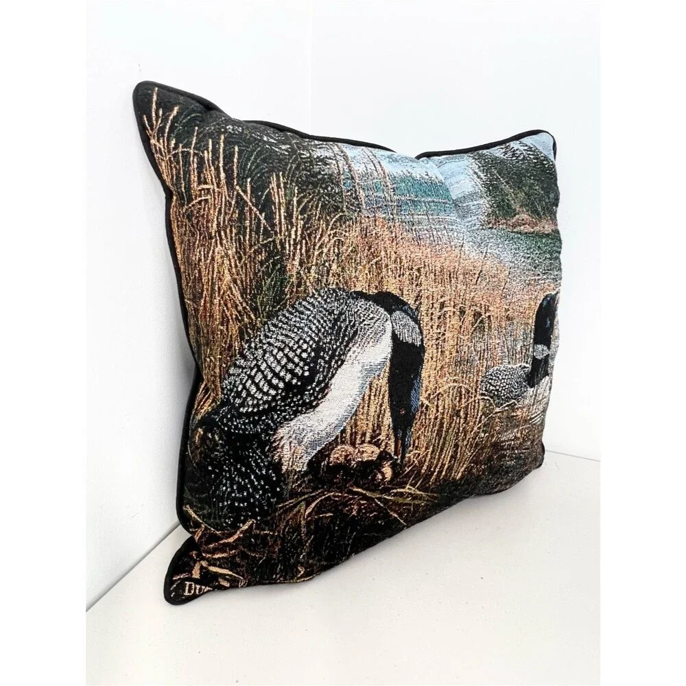 Ducks Unlimited Nesting Loon Pair Forest Rustic Cabin Tapestry Pillow 17”x17”